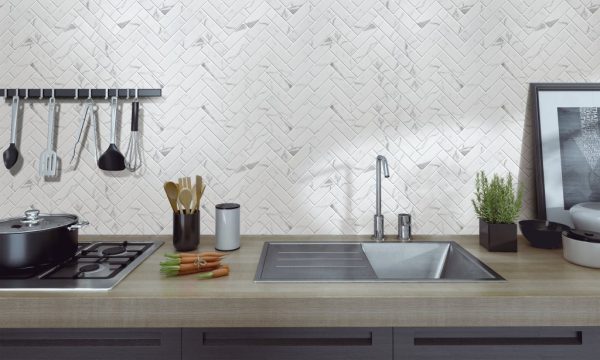 KP701HB lifestyle image - Cerdomus Tile Studio Quality Tiles - August 11, 2022 280x326x6 Herringbone Statuario (Sheeted) Glass V2443